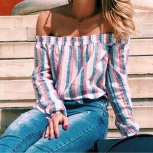 Marine layer striped off the shoulder top rosalita